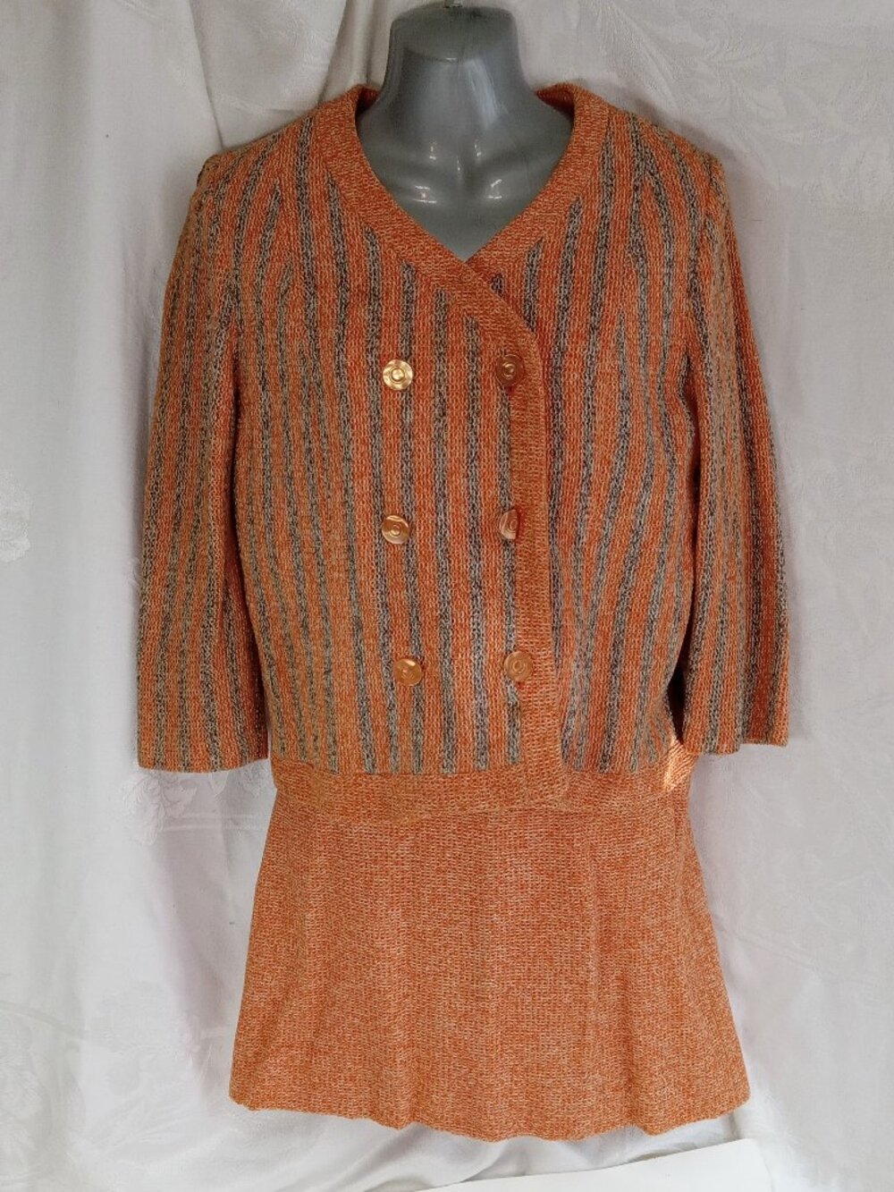 Vintage 1950s 60s Vicki Susan California Jacket Skirt Set Orange Gray Stripe Mod